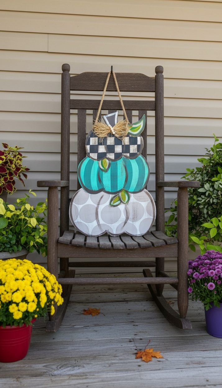 Pumpkin Trio Stack Door Hanger or Porch Leaner | Hand Painted Fall Wood Sign | 2 Foot Porch Decor | Handmade Iowa