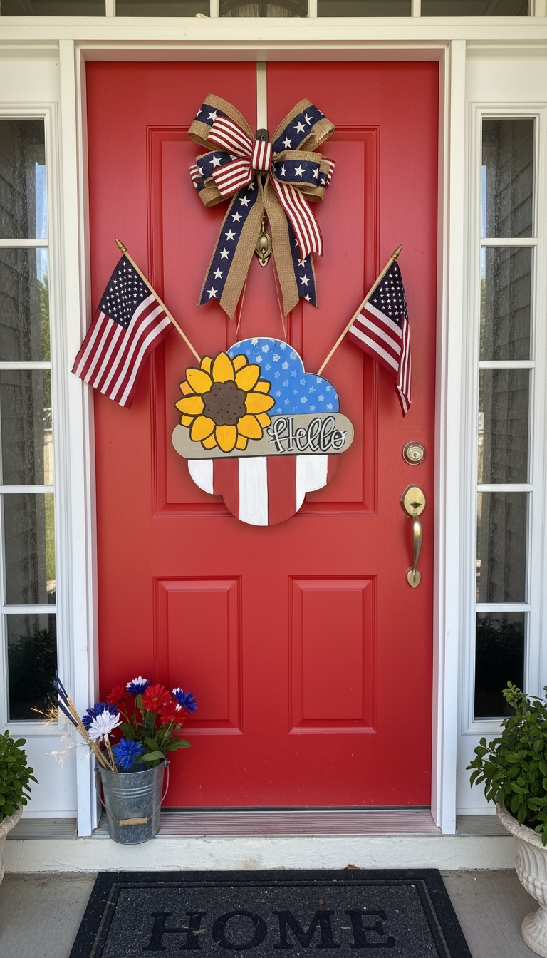 Patriotic Sunflower Heart Door Hanger | Hand Painted 4th of July Wood Sign | Summer Porch Decor | Handmade Iowa