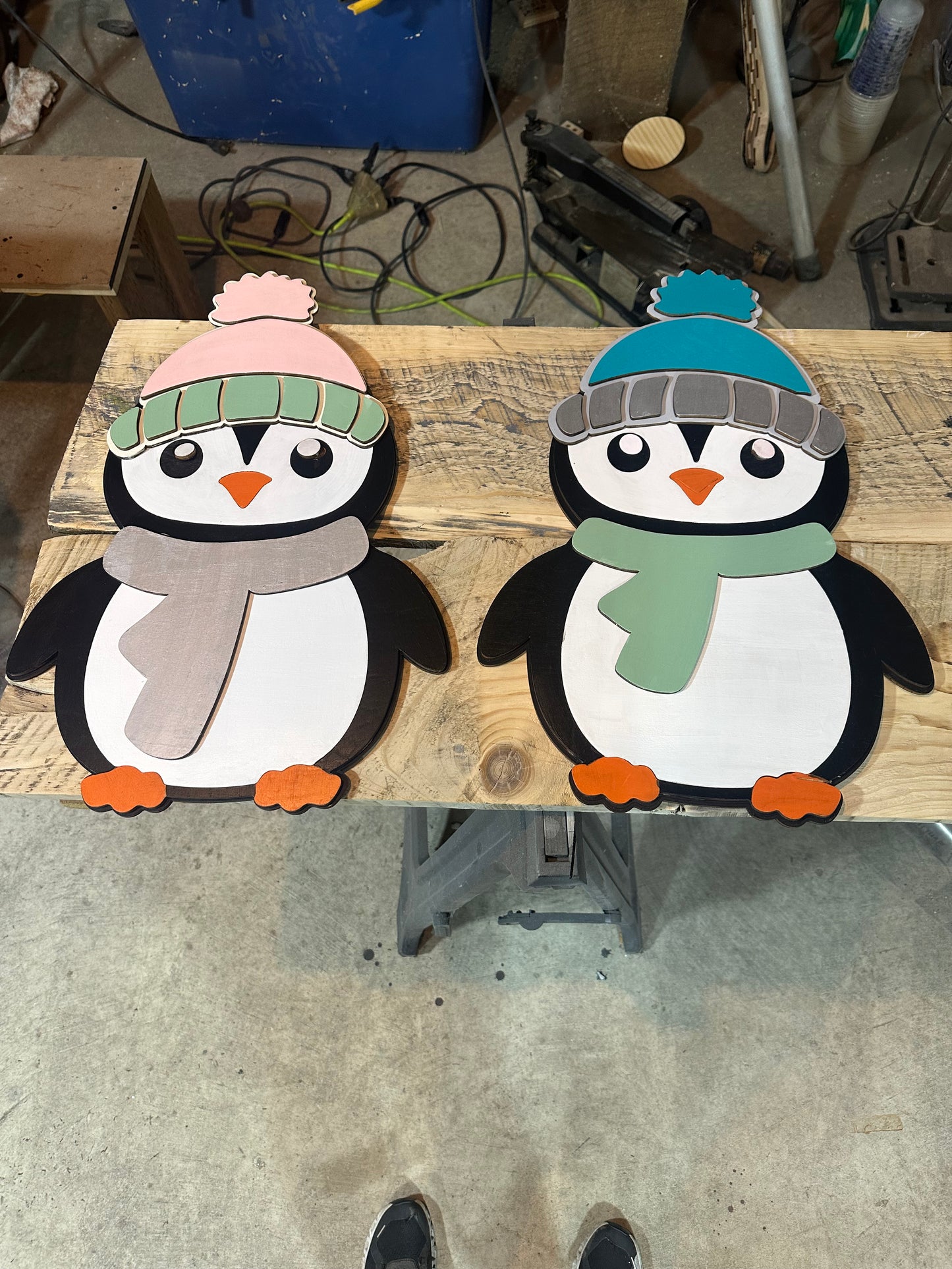 Handcrafted Wooden Winter Penguins - Adorable Pair in Hats & Scarves - Buy Each or the Pair - Festive Decor