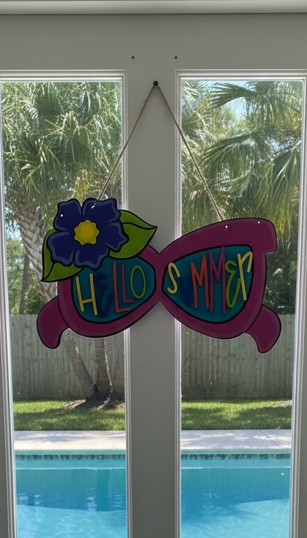 Hello Summer Sunglasses Door Hanger | Hand Painted Wood Sign | Personalized Summer Decor | Handmade in Iowa