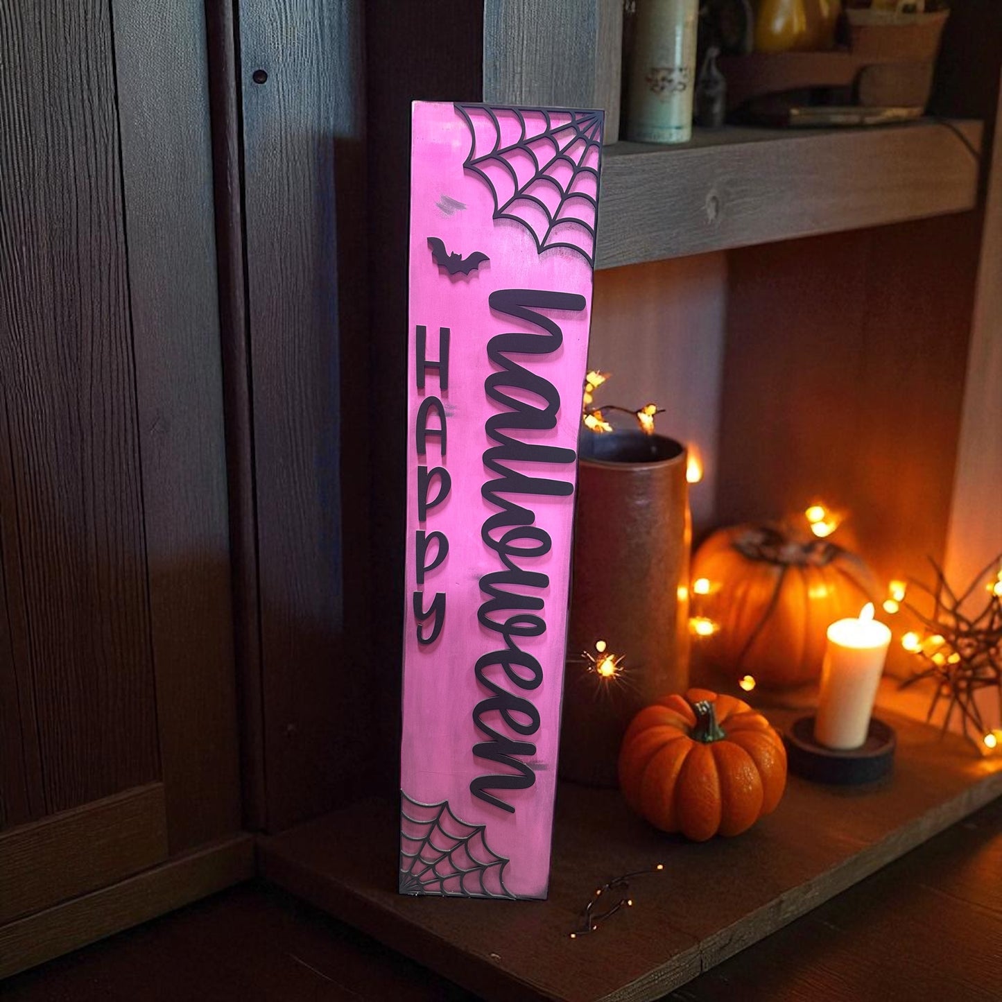 🎃 Pink Halloween Porch Leaner – Spider Webs, Ghost & Spider | 11” x 4’