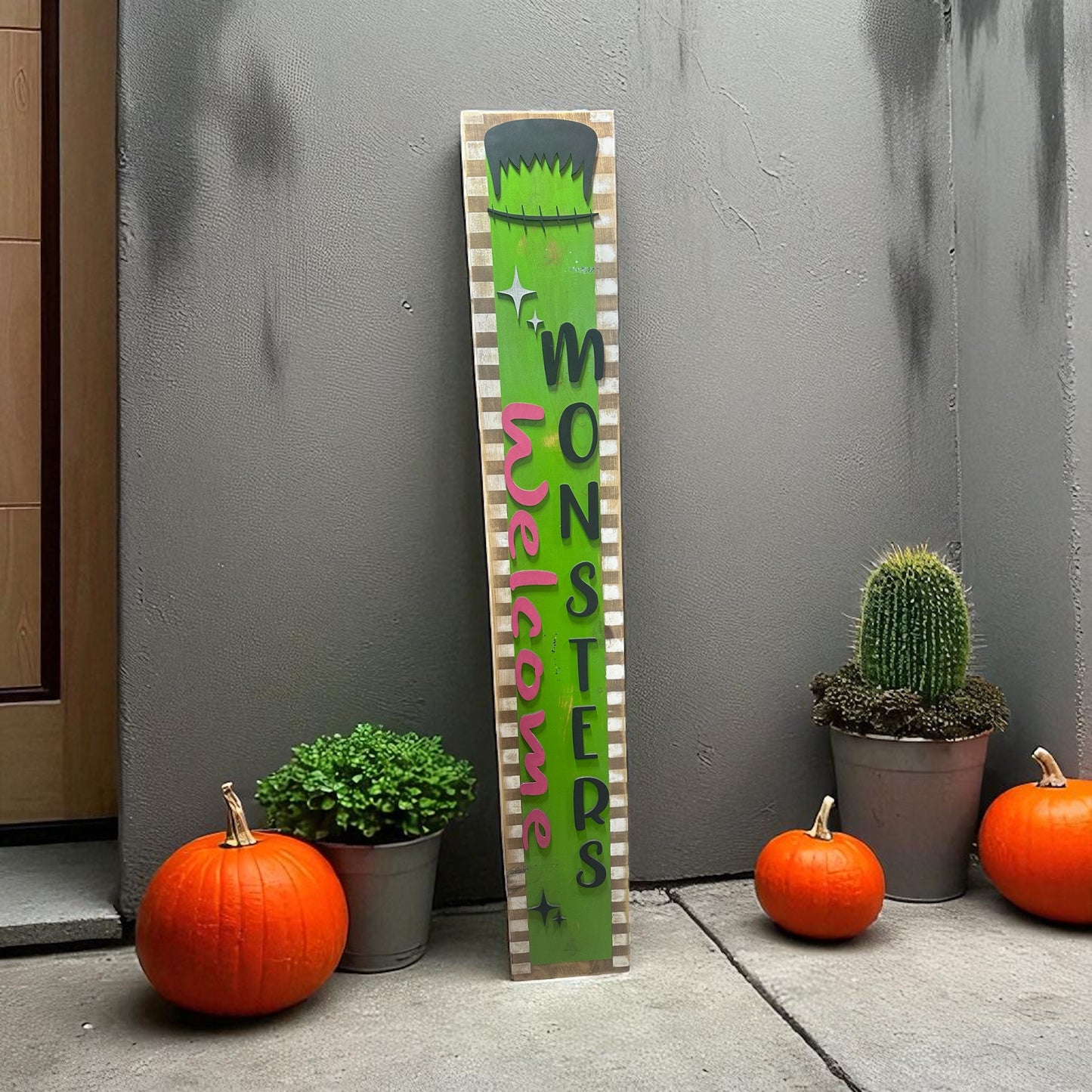 Handmade 11"x48" “Welcome Monsters” Halloween Porch Leaner – Rustic Farmhouse Halloween Decor | Matching “Sup Witch” & “Hey Boo” Door Hangers