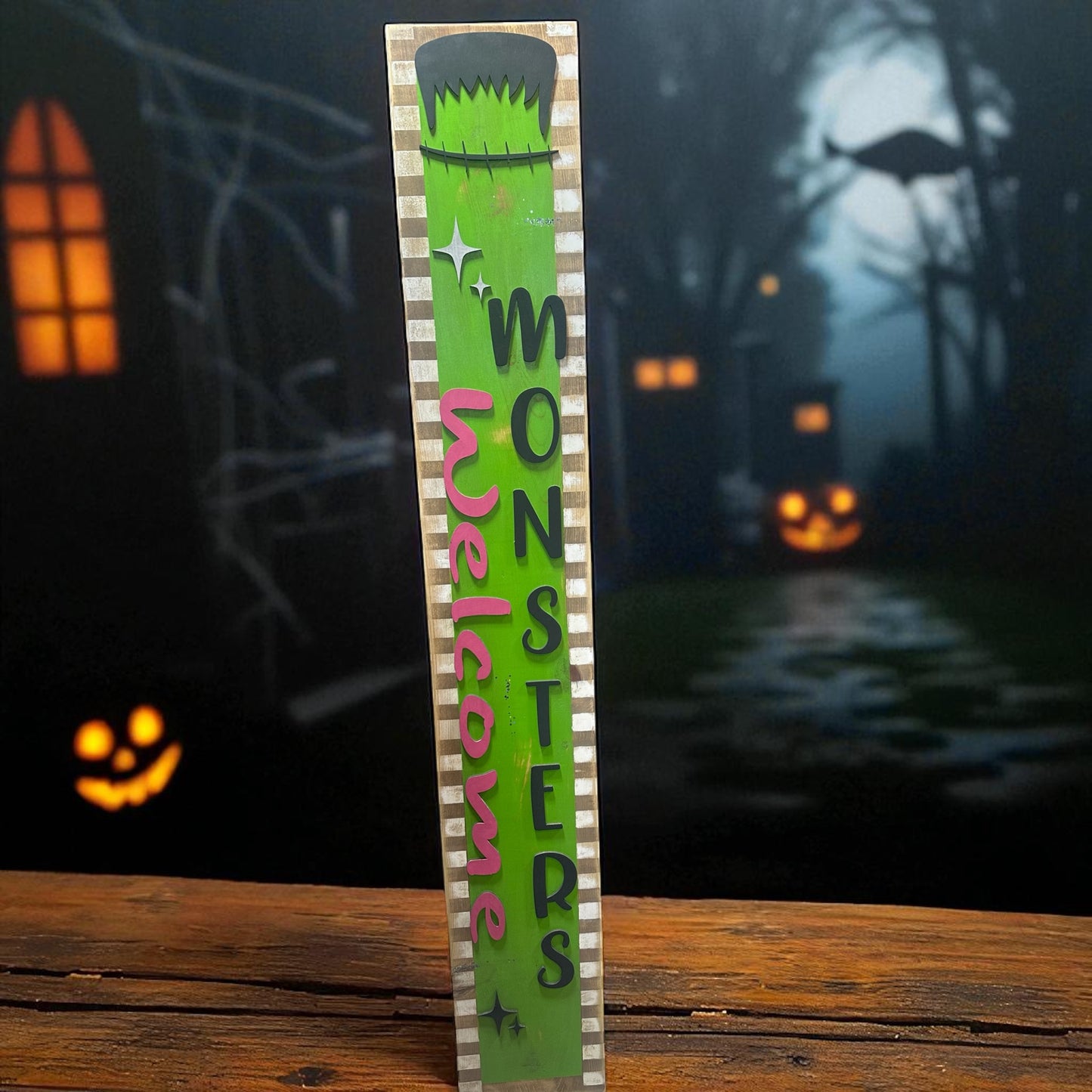 Handmade 11"x48" “Welcome Monsters” Halloween Porch Leaner – Rustic Farmhouse Halloween Decor | Matching “Sup Witch” & “Hey Boo” Door Hangers
