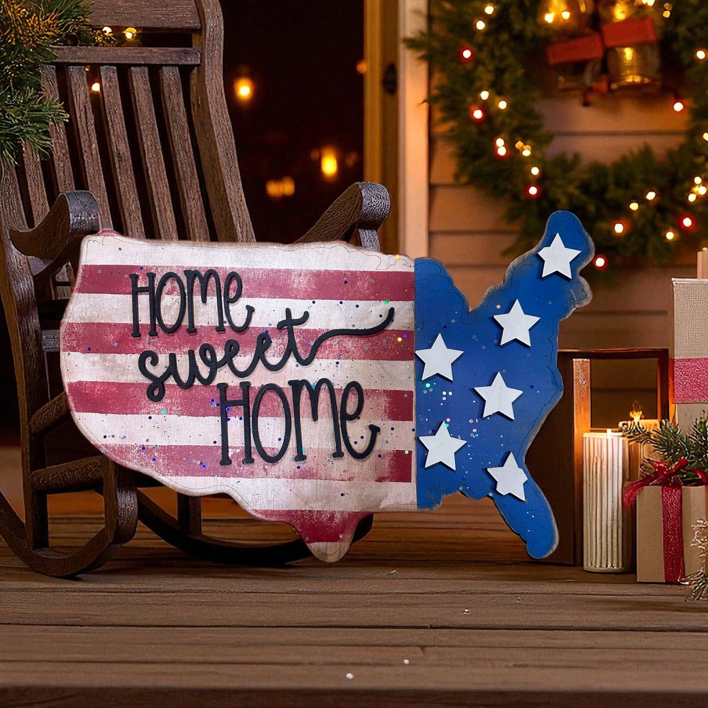 Patriotic Sign Trio; Porch Leaner, Door Hanger. U.S.