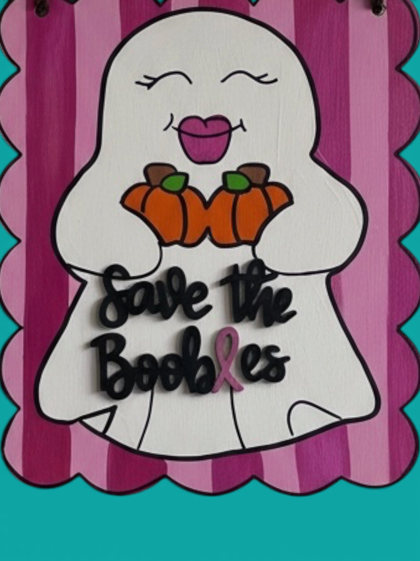 Save the Boobies Ghost Door Hanger | Breast Cancer Awareness Halloween Sign | Hand Painted Wood