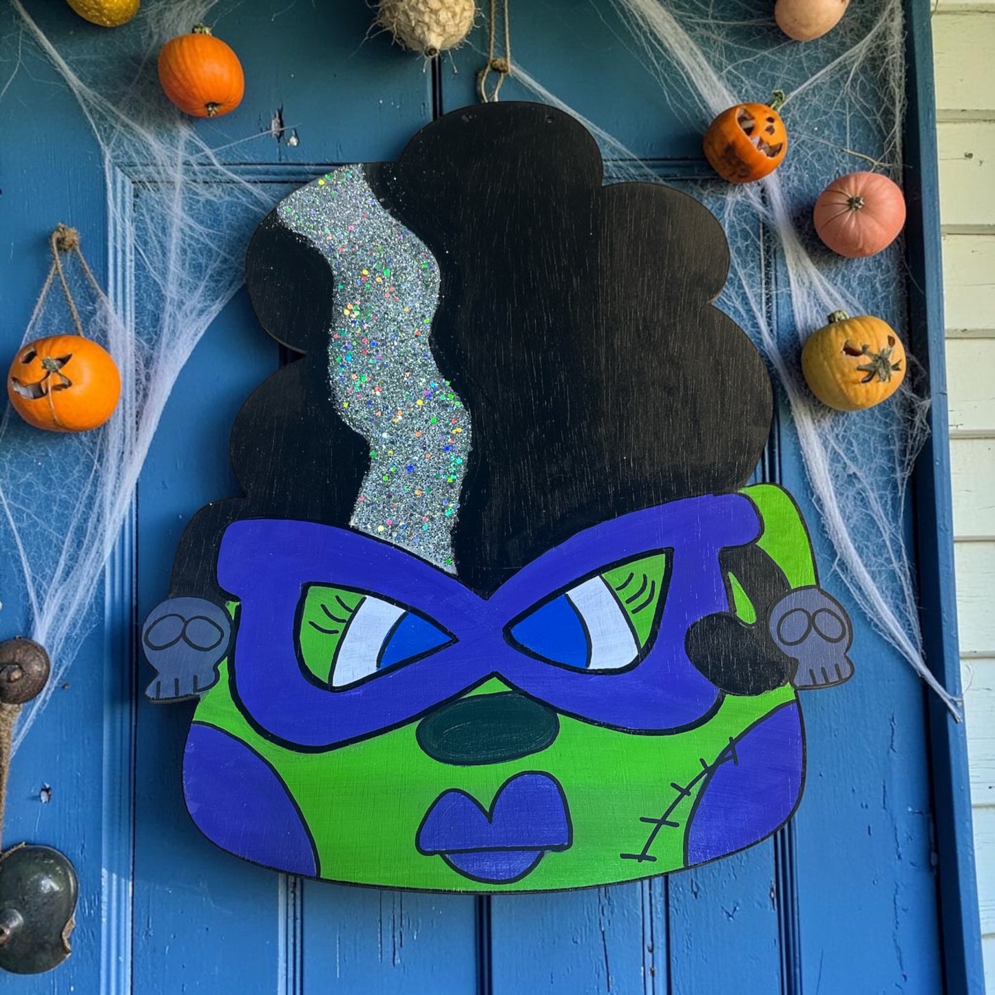 Mr and Mrs Frankenstein Door Hanger Set | Hand Painted Halloween Wood Sign | Double Door Decor | Handmade Iowadmade Iowa