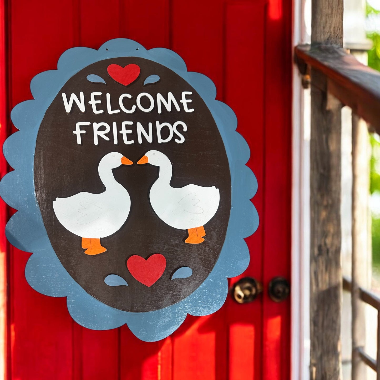 Welcome Friends Goose Door Hanger | Vintage Inspired Granny Core Home Decor | Hand Painted Wood Sign | Handmade Iowa