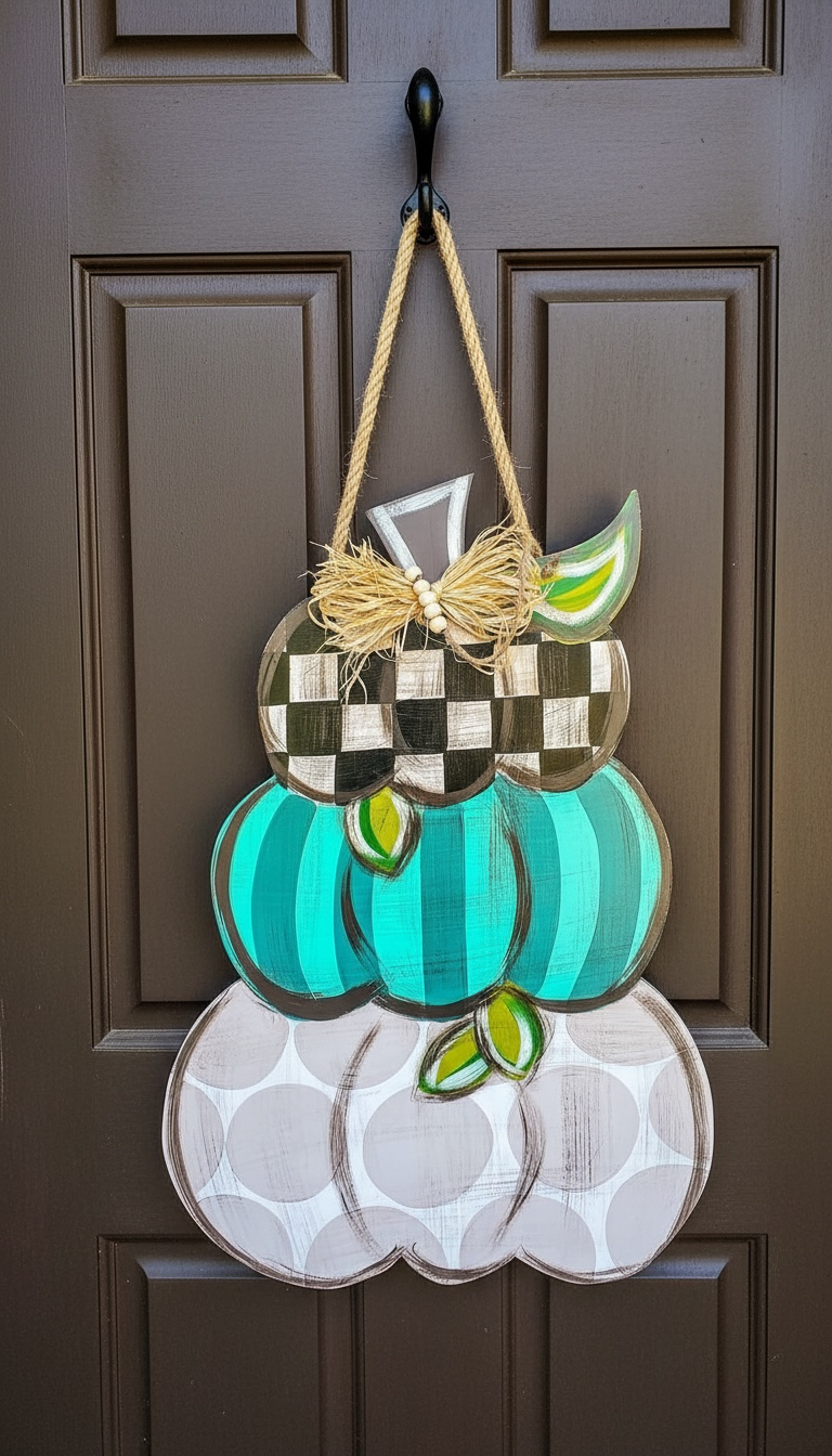 Pumpkin Trio Stack Door Hanger or Porch Leaner | Hand Painted Fall Wood Sign | 2 Foot Porch Decor | Handmade Iowa