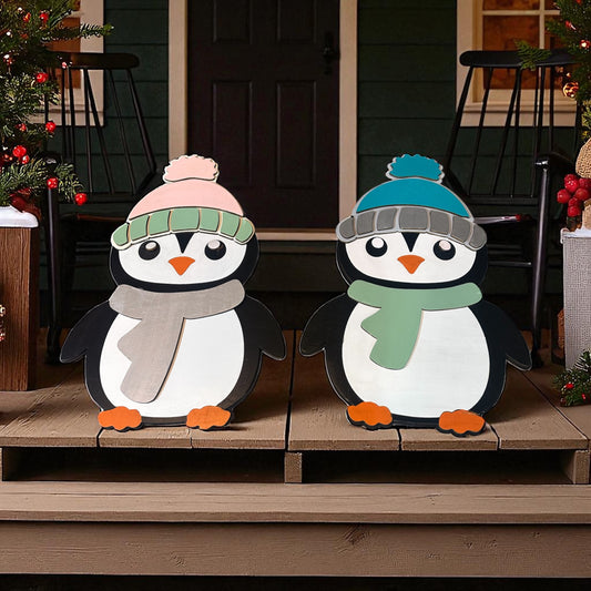 Handcrafted Wooden Winter Penguins - Adorable Pair in Hats & Scarves - Buy Each or the Pair - Festive Decor