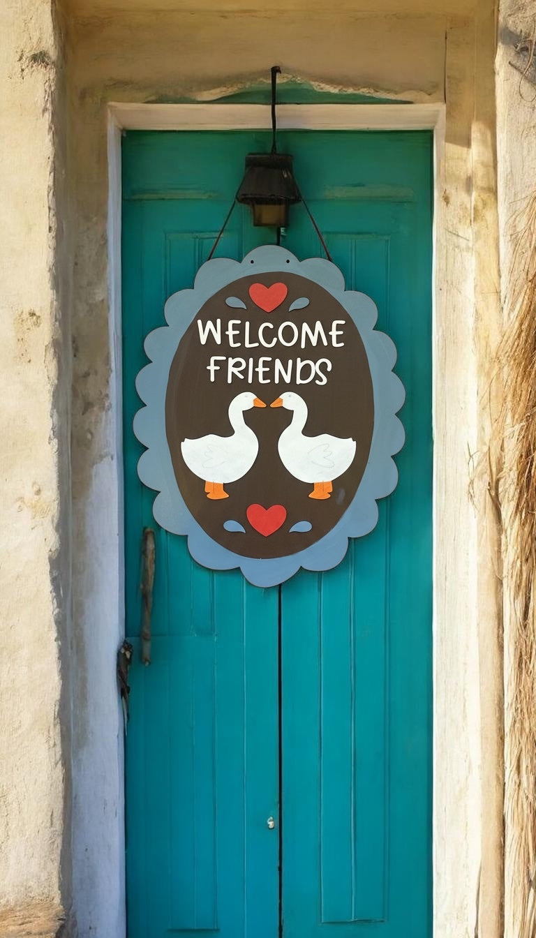 Welcome Friends Goose Door Hanger | Vintage Inspired Granny Core Home Decor | Hand Painted Wood Sign | Handmade Iowa