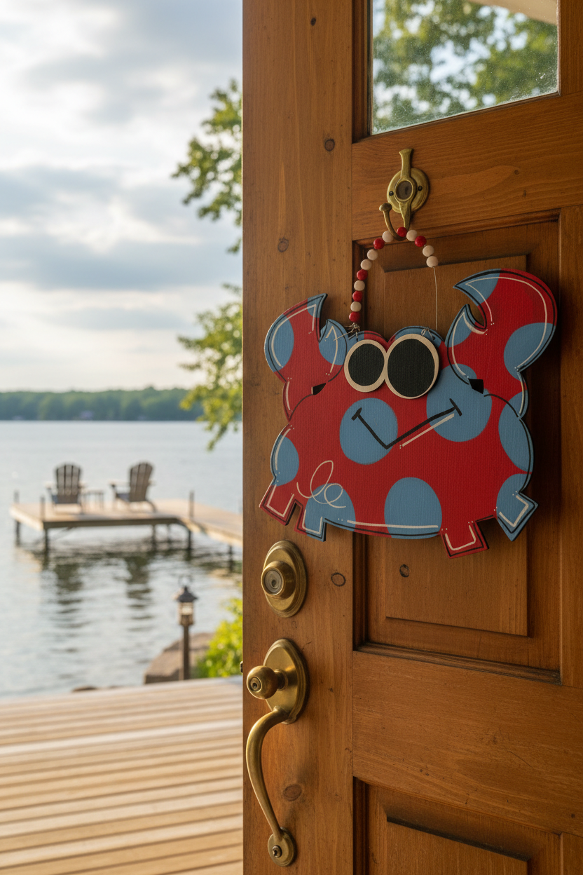 Whimsical Polka Dot Crab Wood Door Hanger | Hand-Painted Summer Porch Decor