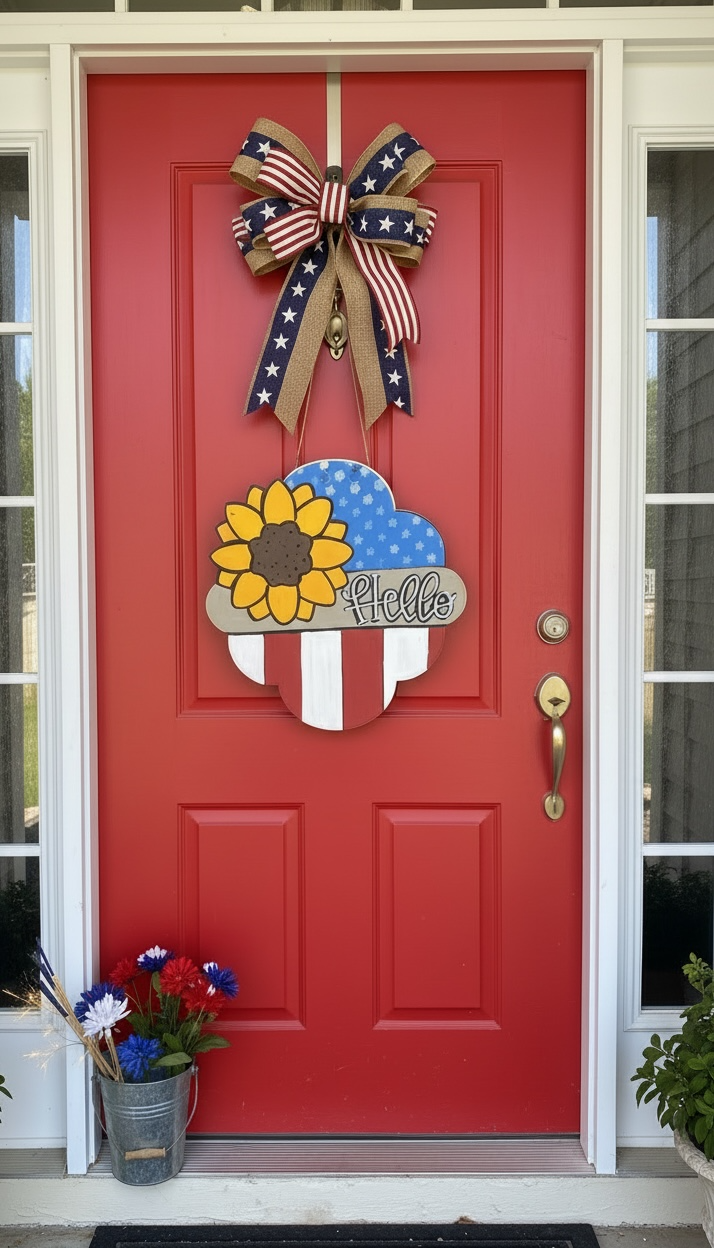 Patriotic Sunflower Heart Door Hanger | Hand Painted 4th of July Wood Sign | Summer Porch Decor | Handmade Iowa
