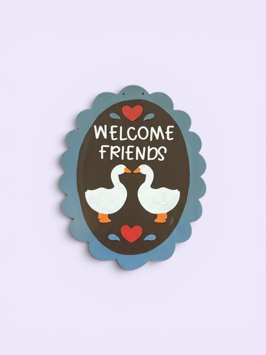 Welcome Friends Goose Door Hanger | Vintage Inspired Granny Core Home Decor | Hand Painted Wood Sign | Handmade Iowa
