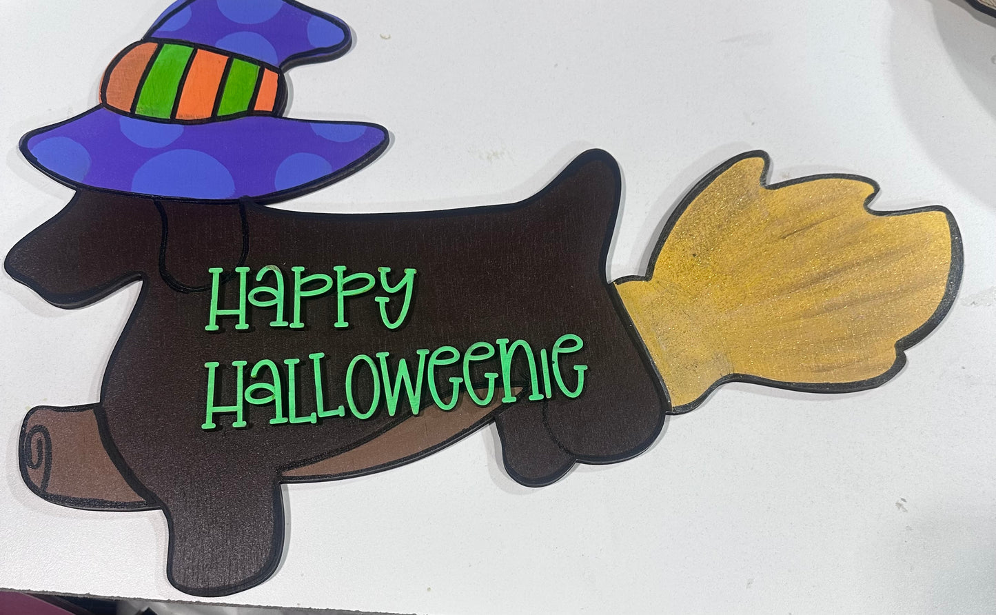 Happy Halloweenie Dachshund Witch Door Hanger Hand Painted Wood Halloween Weiner Dog Sign