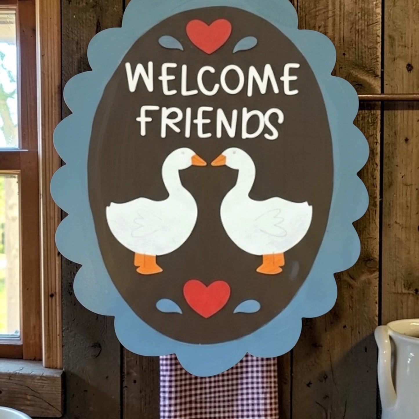 Welcome Friends Goose Door Hanger | Vintage Inspired Granny Core Home Decor | Hand Painted Wood Sign | Handmade Iowa