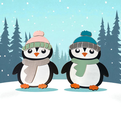 Handcrafted Wooden Winter Penguins - Adorable Pair in Hats & Scarves - Buy Each or the Pair - Festive Decor