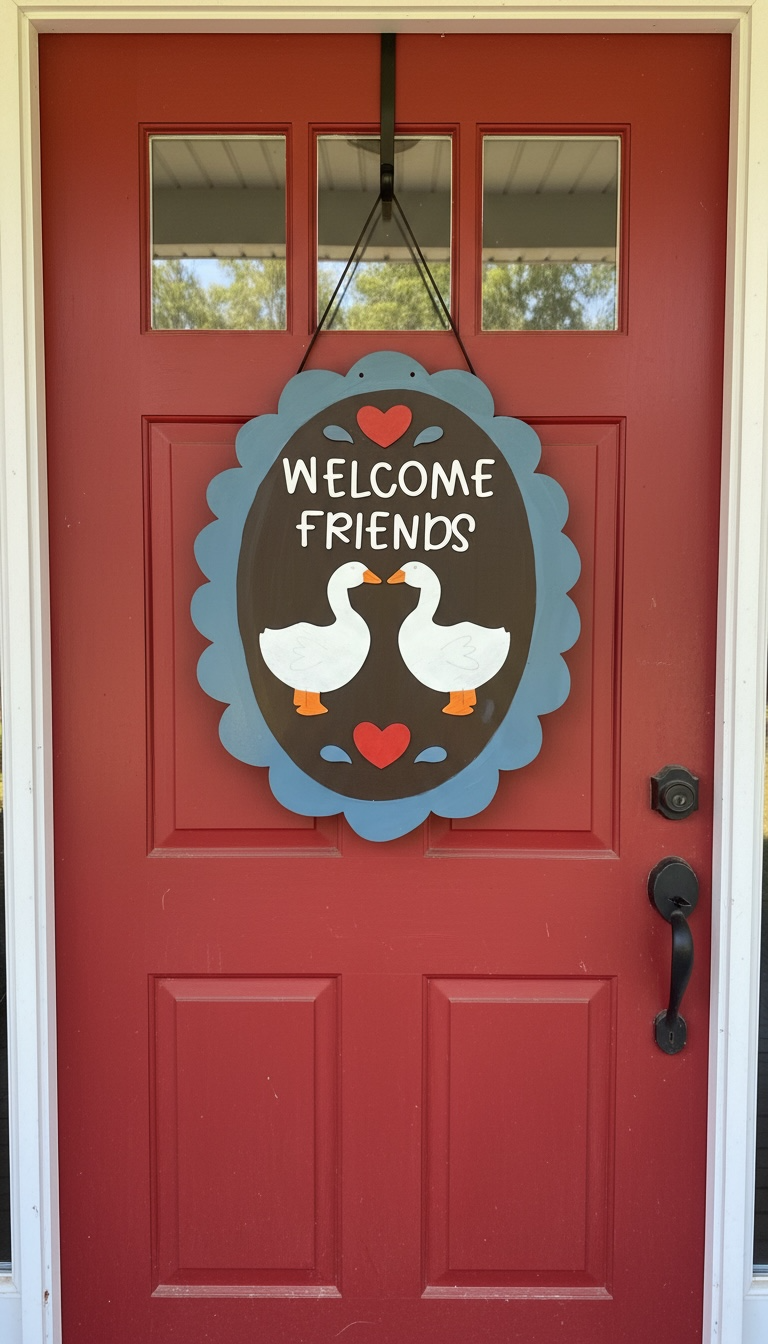 Welcome Friends Goose Door Hanger | Vintage Inspired Granny Core Home Decor | Hand Painted Wood Sign | Handmade Iowa