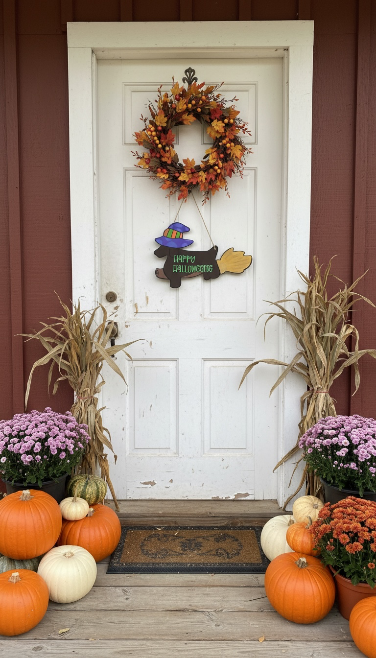 Happy Halloweenie Dachshund Witch Door Hanger Hand Painted Wood Halloween Weiner Dog Sign