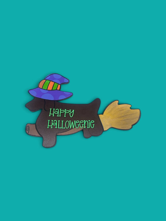 Happy Halloweenie Dachshund Witch Door Hanger Hand Painted Wood Halloween Weiner Dog Sign