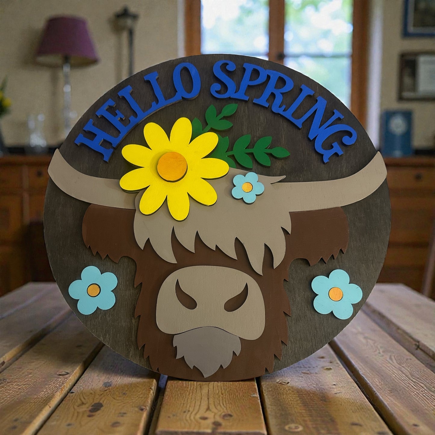 Hello Spring Highland Cow Sign – 18” Round Farmhouse Door Decor