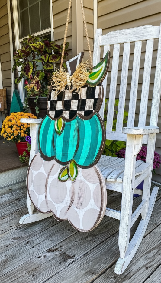 Pumpkin Trio Stack Door Hanger or Porch Leaner | Hand Painted Fall Wood Sign | 2 Foot Porch Decor | Handmade Iowa
