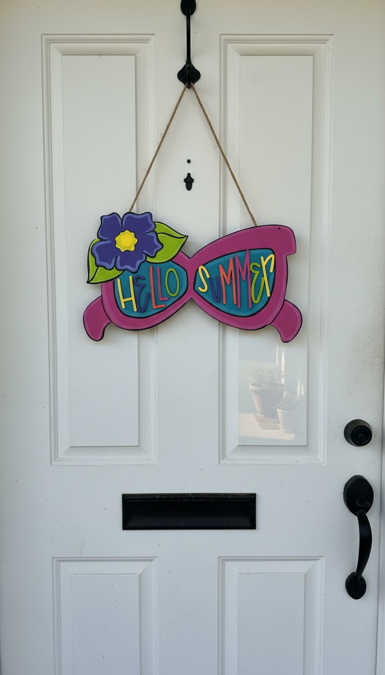 Hello Summer Sunglasses Door Hanger | Hand Painted Wood Sign | Personalized Summer Decor | Handmade in Iowa