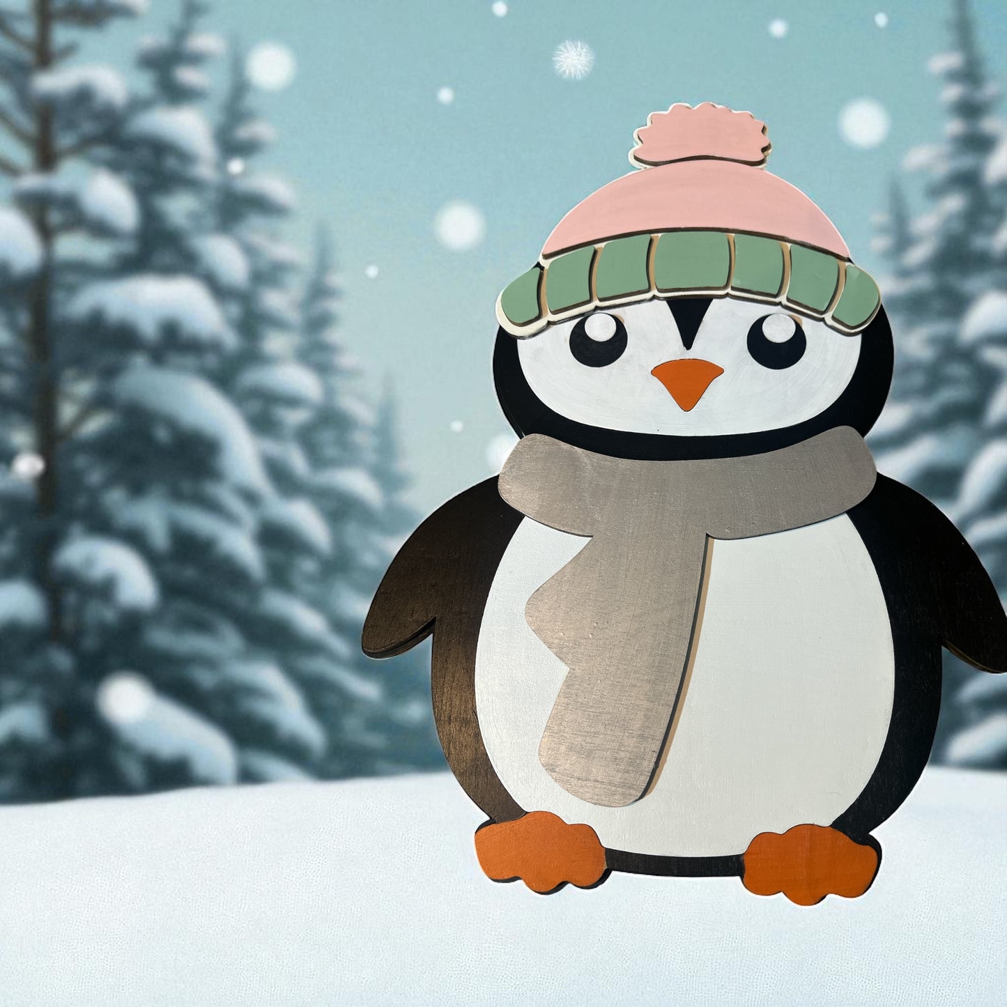 Handcrafted Wooden Winter Penguins - Adorable Pair in Hats & Scarves - Buy Each or the Pair - Festive Decor