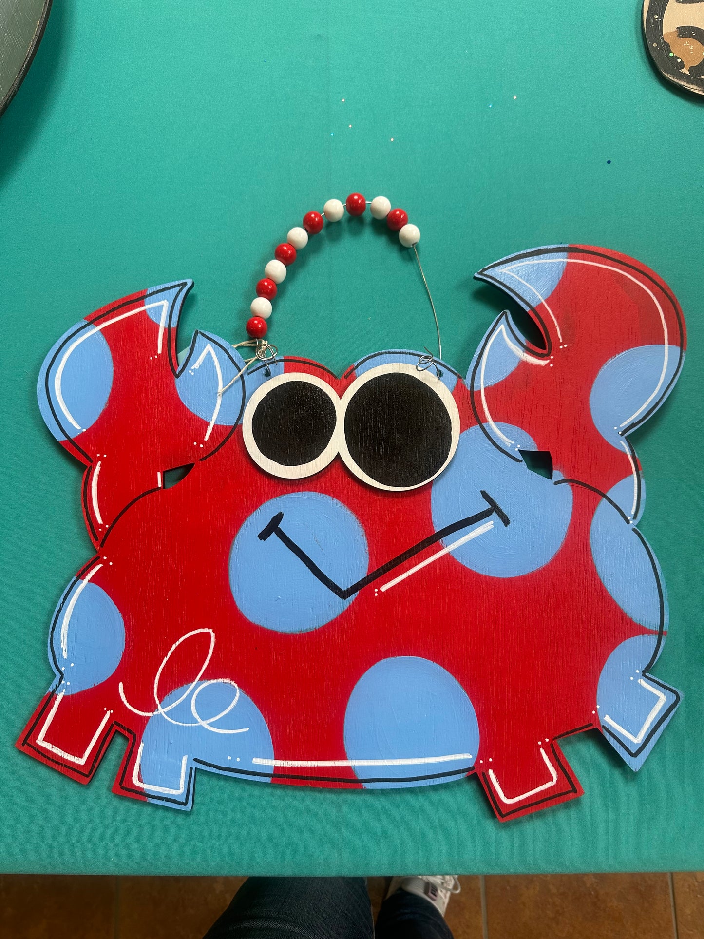Whimsical Polka Dot Crab Wood Door Hanger | Hand-Painted Summer Porch Decor