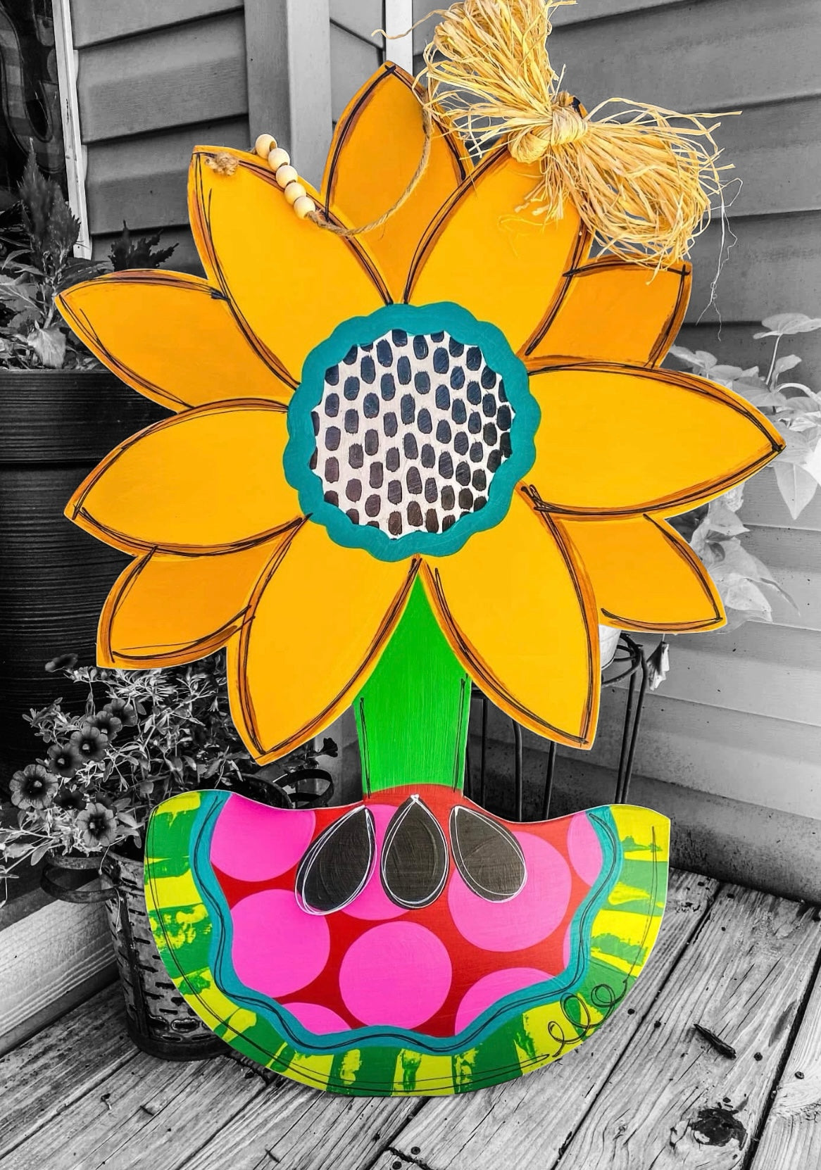 Sunflower Watermelon Door Hanger | Hand Painted Summer Wood Sign | Bold Porch Decor | Handmade Iowa