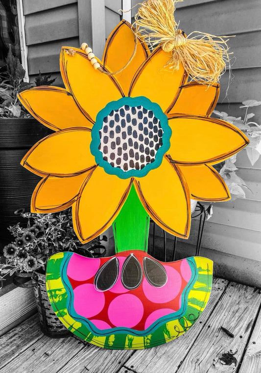 Sunflower Watermelon Door Hanger | Hand Painted Summer Wood Sign | Bold Porch Decor | Handmade Iowa