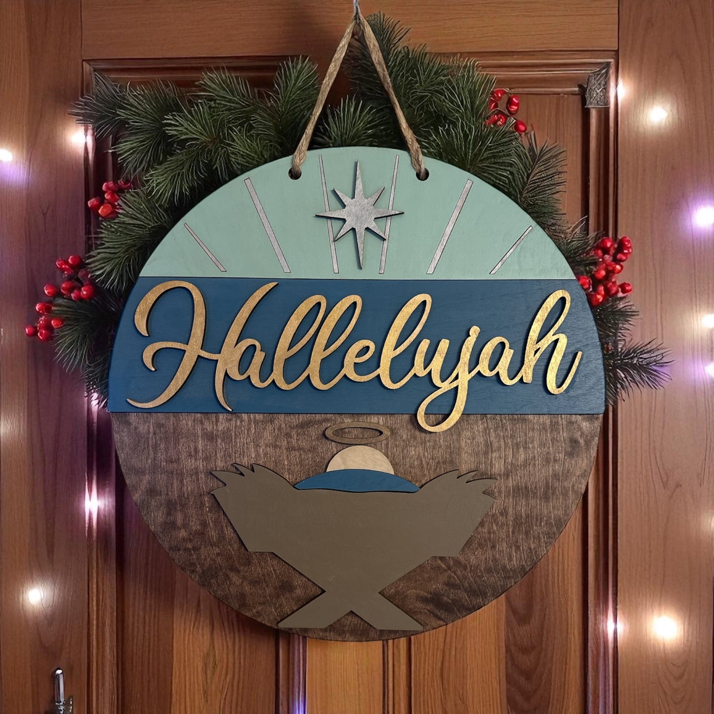 Hallelujah Nativity Door Hanger | Hand Painted Christmas Wood Sign | Religious Holiday Porch Decor | Handmade Iowa