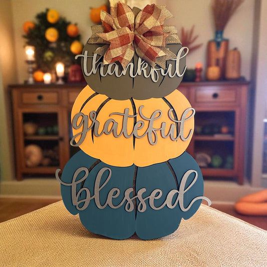 Thankful Grateful Blessed Stacked Pumpkin Sign – 21.5” x 14” Wooden Fall Decor; Fall Doorhanger, Pumpkins