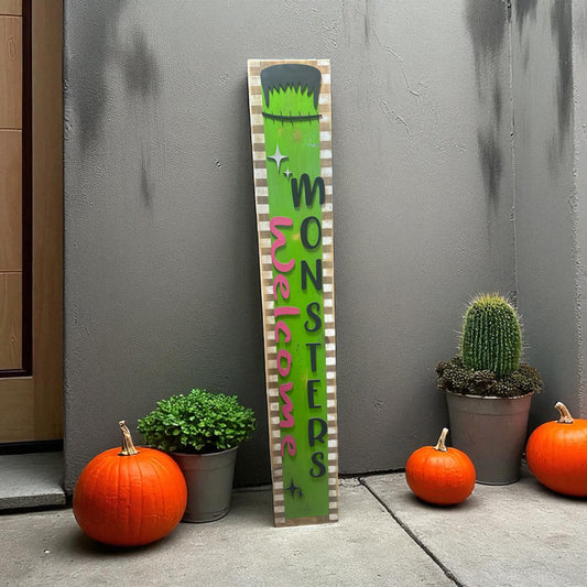 Handmade 11"x48" “Welcome Monsters” Halloween Porch Leaner – Rustic Farmhouse Halloween Decor | Matching “Sup Witch” & “Hey Boo” Door Hangers