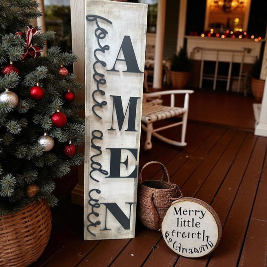 Shop our handcrafted Forever and Ever Amen Porch Leaner (8" x 48"). Hand-painted rustic wooden sign perfect for porch décor, farmhouse home accents, and thoughtful gifts.