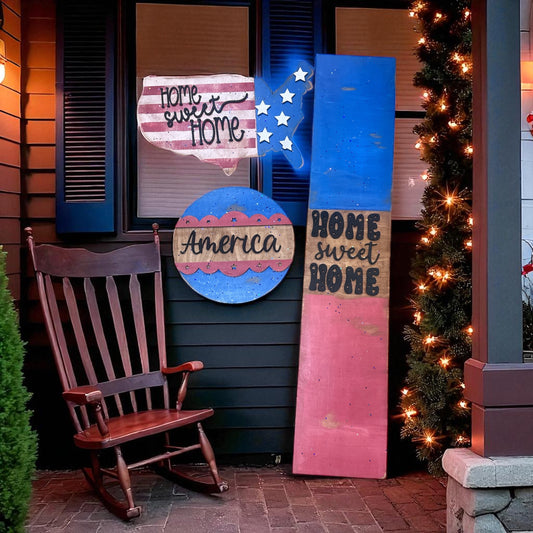 Patriotic Sign Trio; Porch Leaner, Door Hanger. U.S.