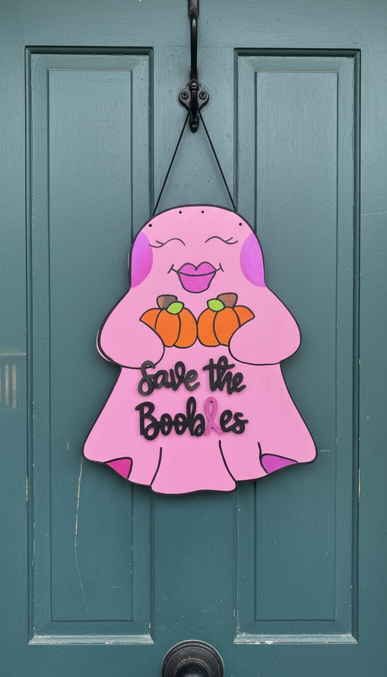 Save the Boobies Ghost Door Hanger | Breast Cancer Awareness Halloween Sign | Hand Painted Wood