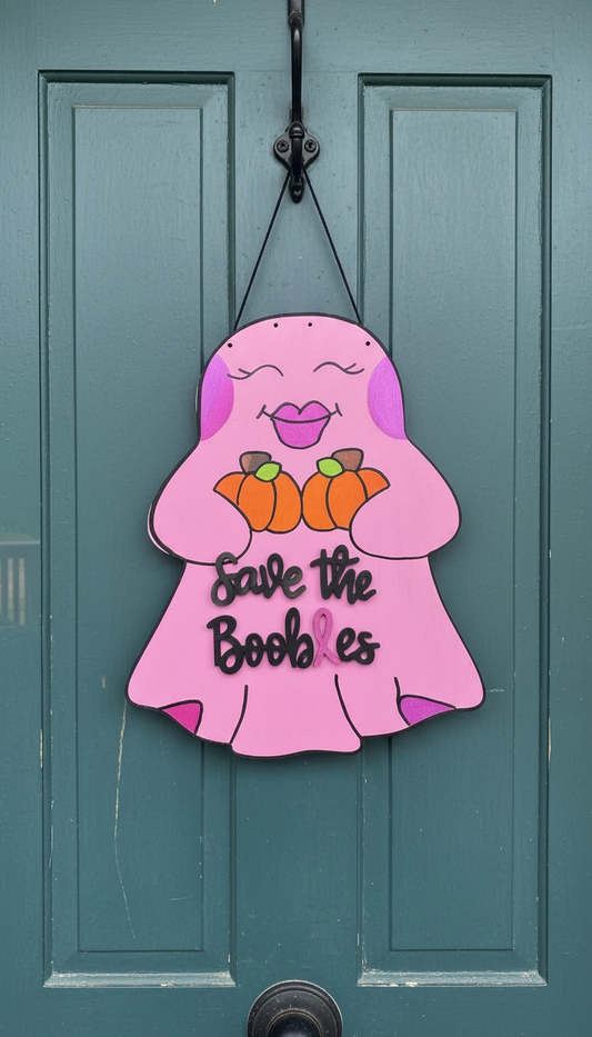 Save the Boobies Ghost Door Hanger | Breast Cancer Awareness Halloween Sign | Hand Painted Wood