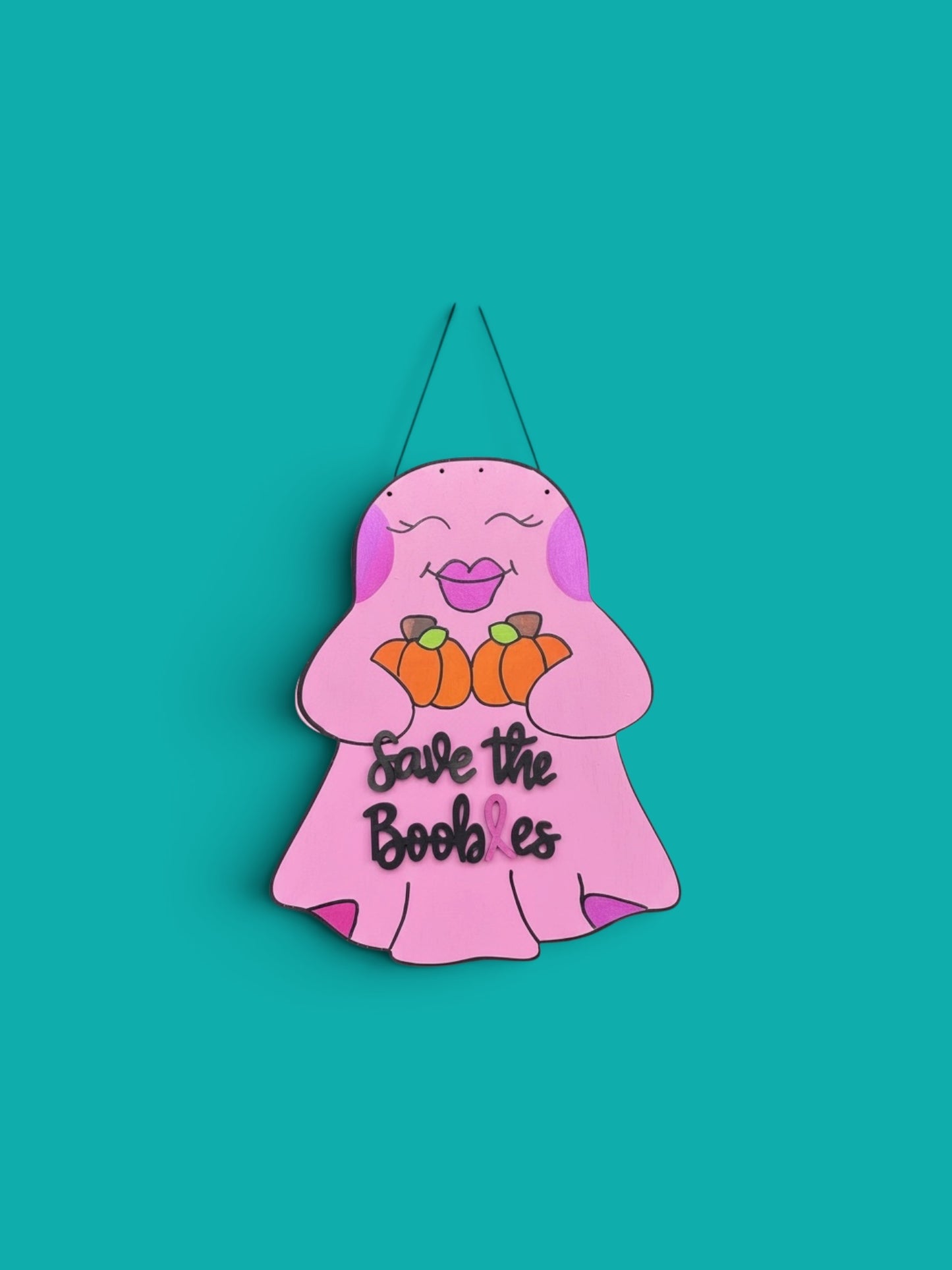 Save the Boobies Ghost Door Hanger | Breast Cancer Awareness Halloween Sign | Hand Painted Wood