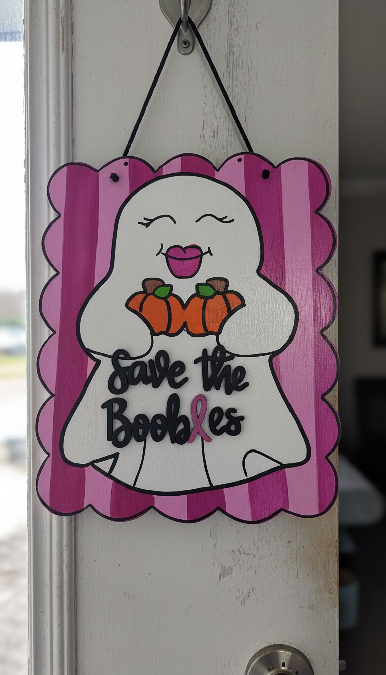 Save the Boobies Ghost Door Hanger | Breast Cancer Awareness Halloween Sign | Hand Painted Wood