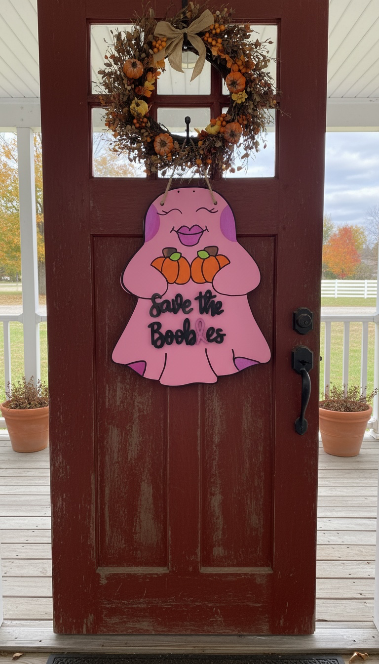 Save the Boobies Ghost Door Hanger | Breast Cancer Awareness Halloween Sign | Hand Painted Wood