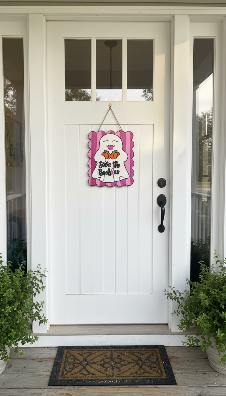 Save the Boobies Ghost Door Hanger | Breast Cancer Awareness Halloween Sign | Hand Painted Wood