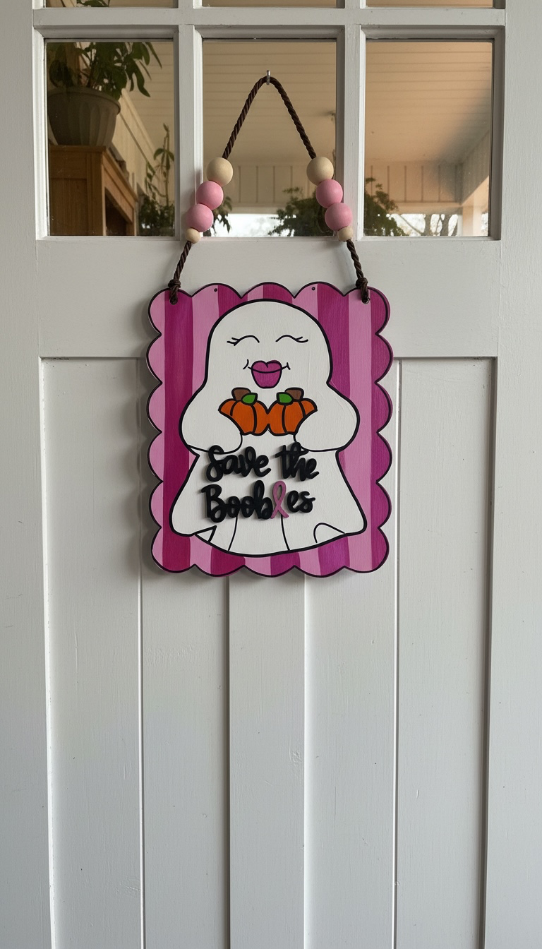 Save the Boobies Ghost Door Hanger | Breast Cancer Awareness Halloween Sign | Hand Painted Wood