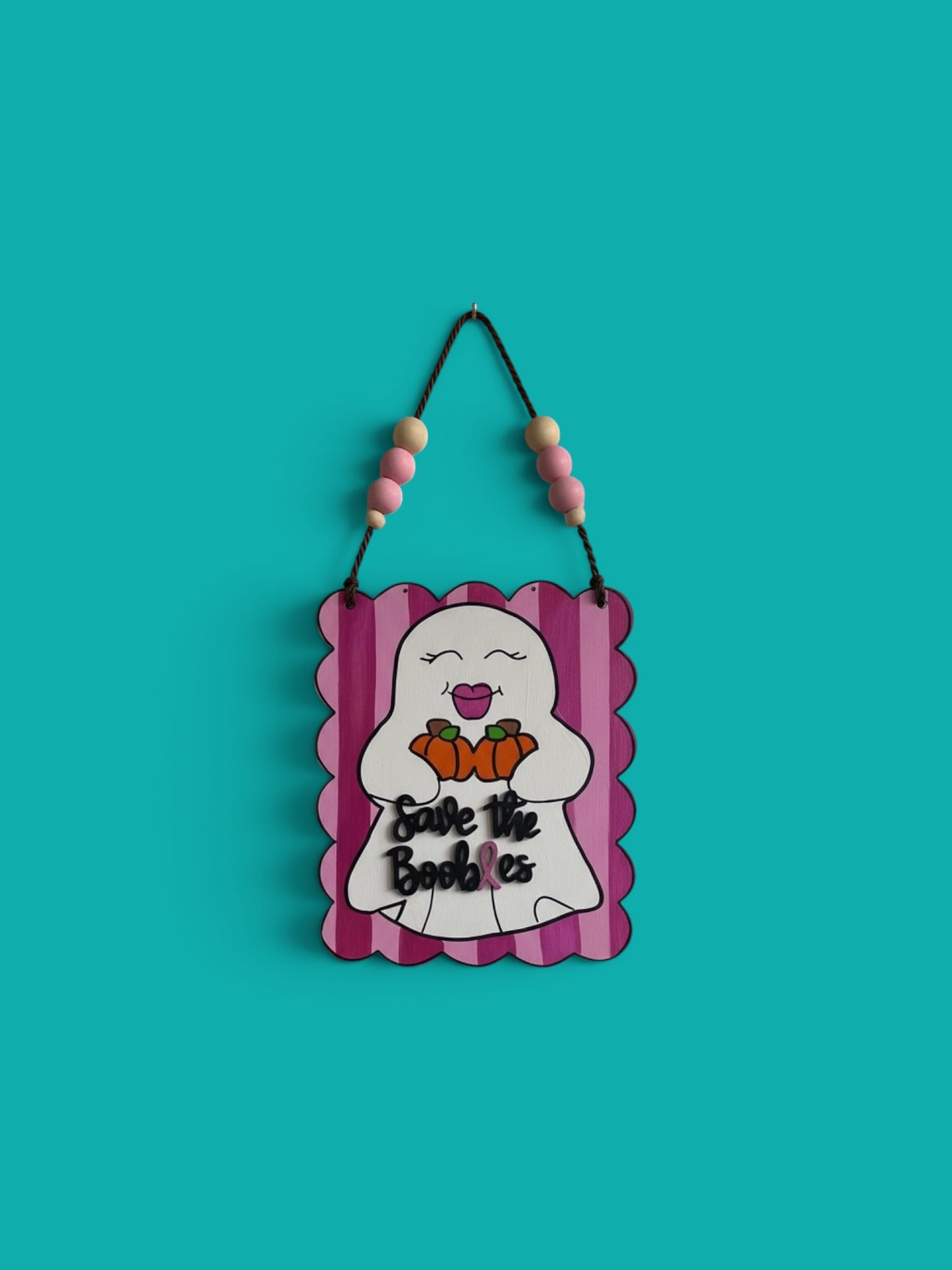 Save the Boobies Ghost Door Hanger | Breast Cancer Awareness Halloween Sign | Hand Painted Wood