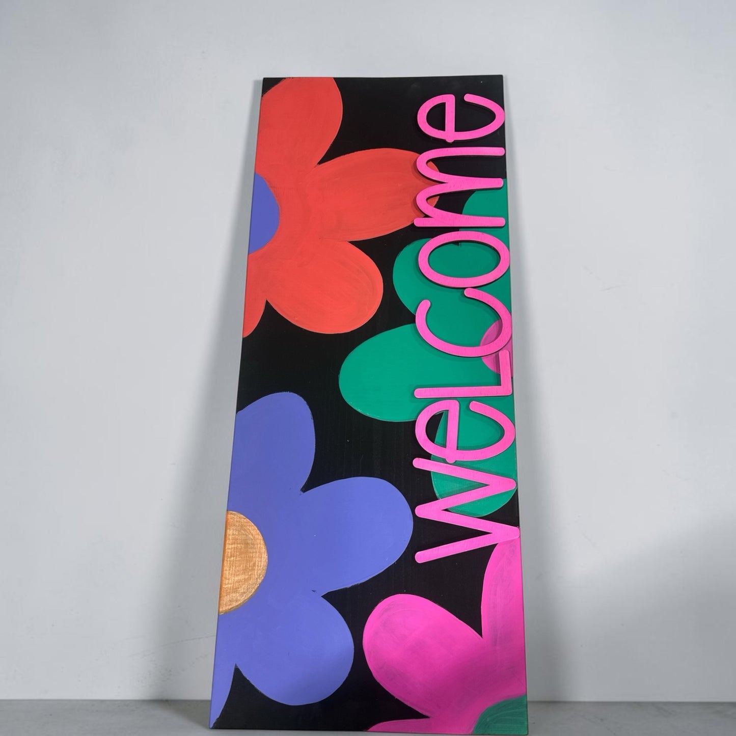 Mini Floral Porch Leaner | Bold Retro Flower Wood Sign | Hand Painted Black Background | Iowa