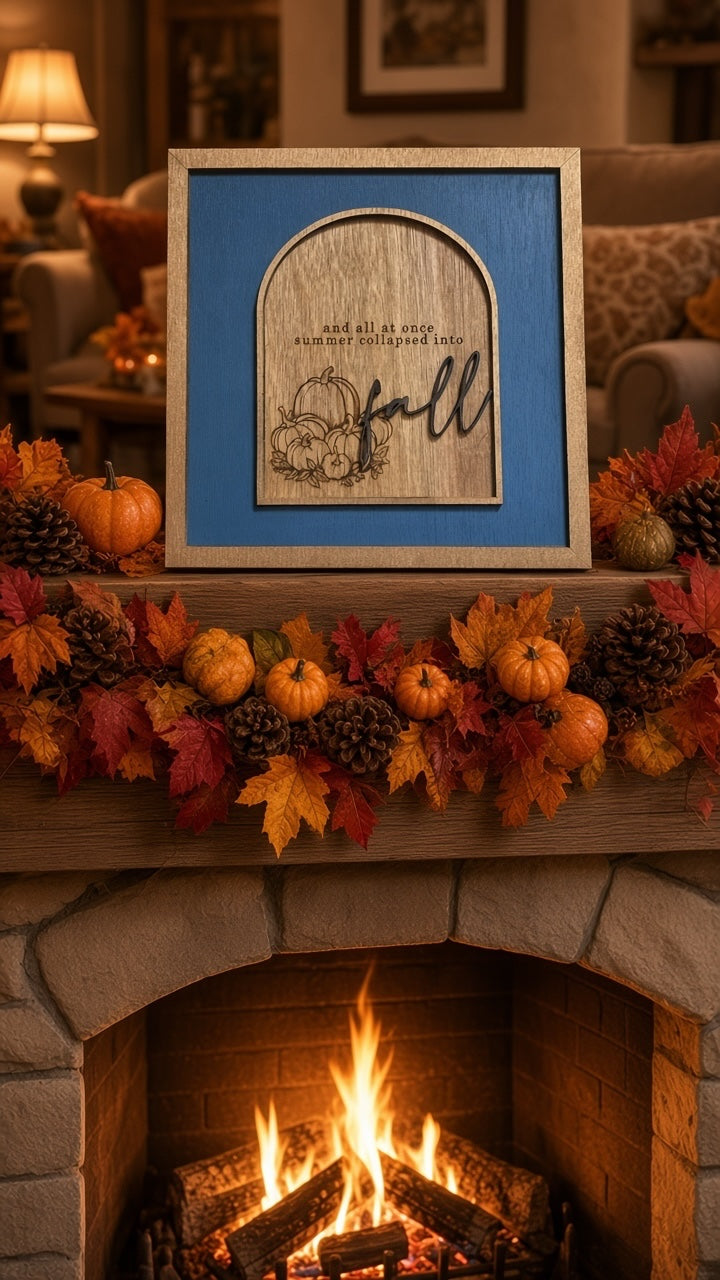 Squiggle Laser and Design wooden arched fall wall sign with pumpkin art and typography on a cozy fireplace mantel