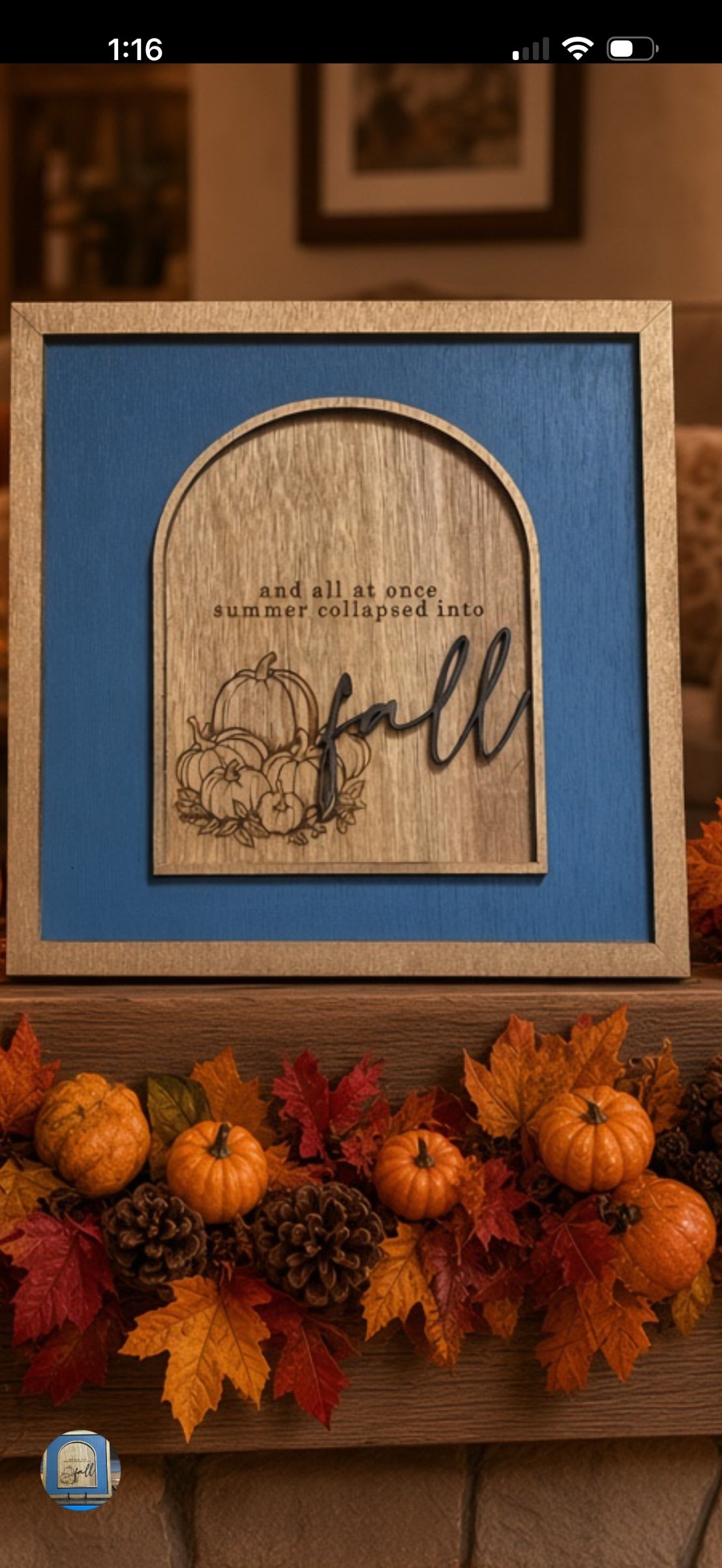 Squiggle Laser and Design wooden arch wall sign with pumpkin art and fall typography on a blue and natural wood frame.