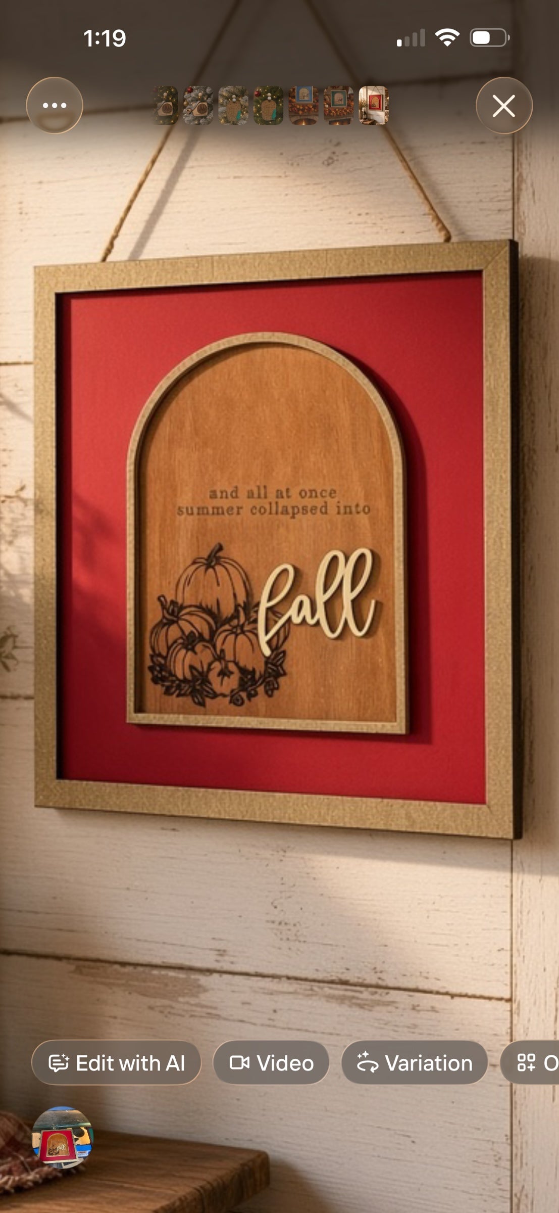 Squiggle Laser and Design wooden wall sign with an arched fall design, pumpkin illustrations, and red background.